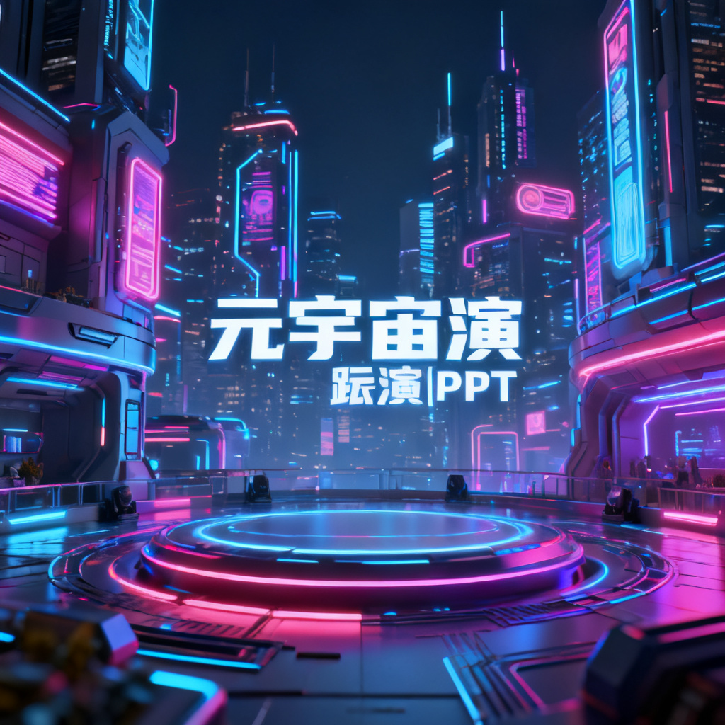 赛博朋克风格元宇宙路演PPT,霓虹灯光,未来城市,3D渲染,高细节,8K