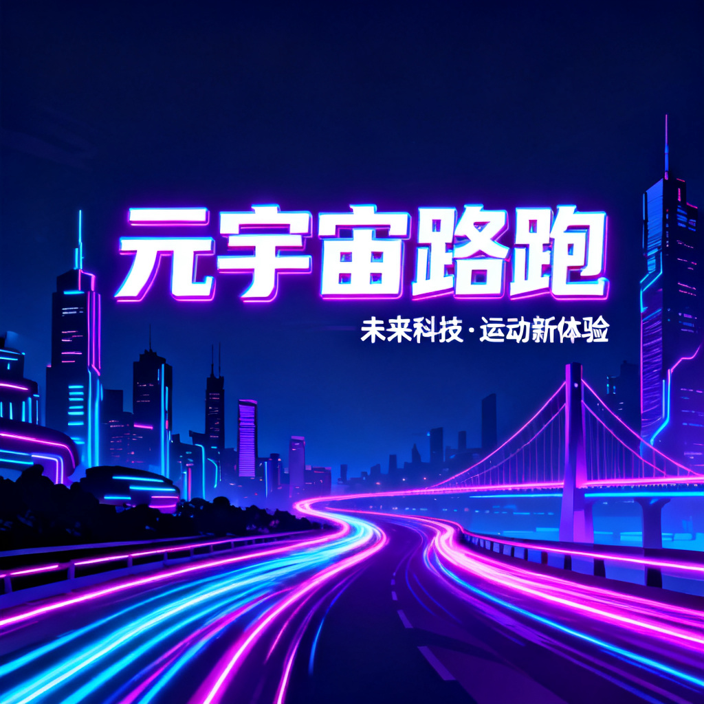 赛博朋克风格的元宇宙路跑PPT封面，霓虹灯光与城市剪影，高对比度蓝紫色调