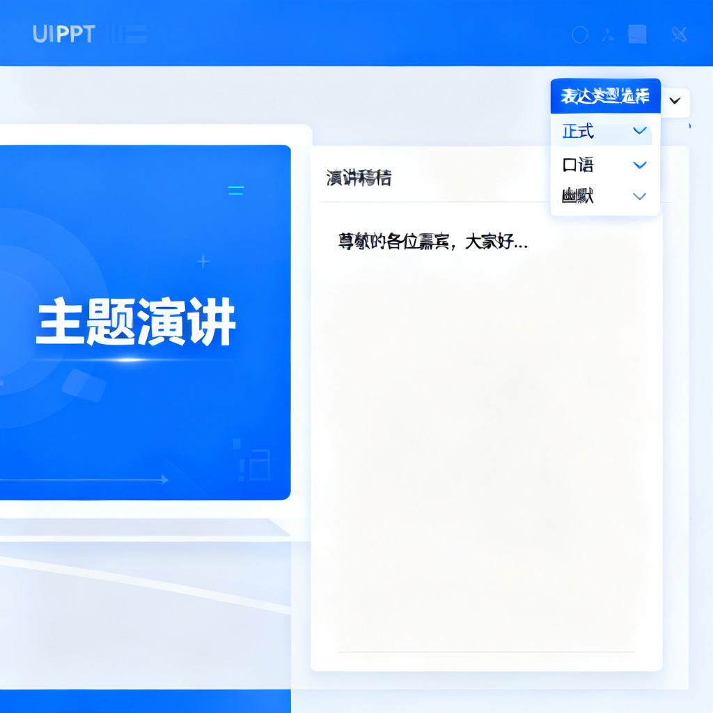 ChatPPT界面展示演讲稿生成功能,左侧是PPT页面,右侧是生成的演讲稿,带有表达类型选择下拉菜单