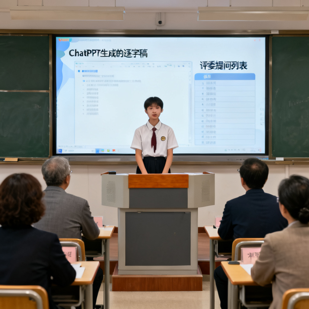一张答辩场景模拟图，一位学生站在讲台上，屏幕显示ChatPPT生成的逐字稿和评委提问列表，周围有评审专家，氛围紧张但自信。