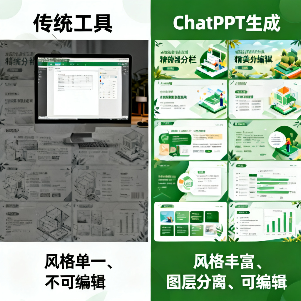 一张对比图,左侧为传统工具生成的粗糙PPT,右侧为ChatPPT生成的精美可编辑PPT,左侧标注“风格单一、不可编辑”,右侧标注“风格丰富、图层分离、可编辑”