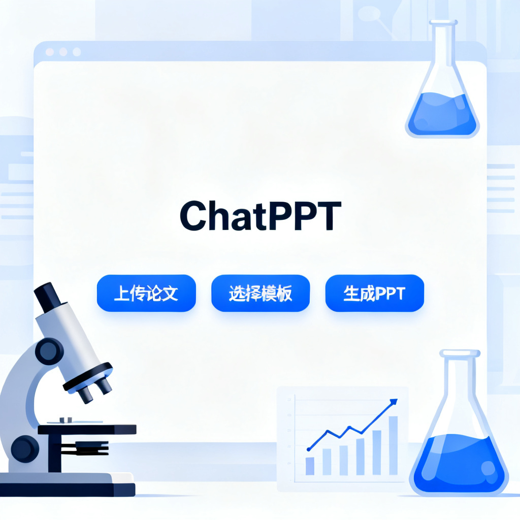 一张产品界面截图，显示ChatPPT的主页面，包含‘上传论文’、‘选择模板’、‘生成PPT’按钮，背景为学术风格的元素（如实验设备、图表），突出专业感