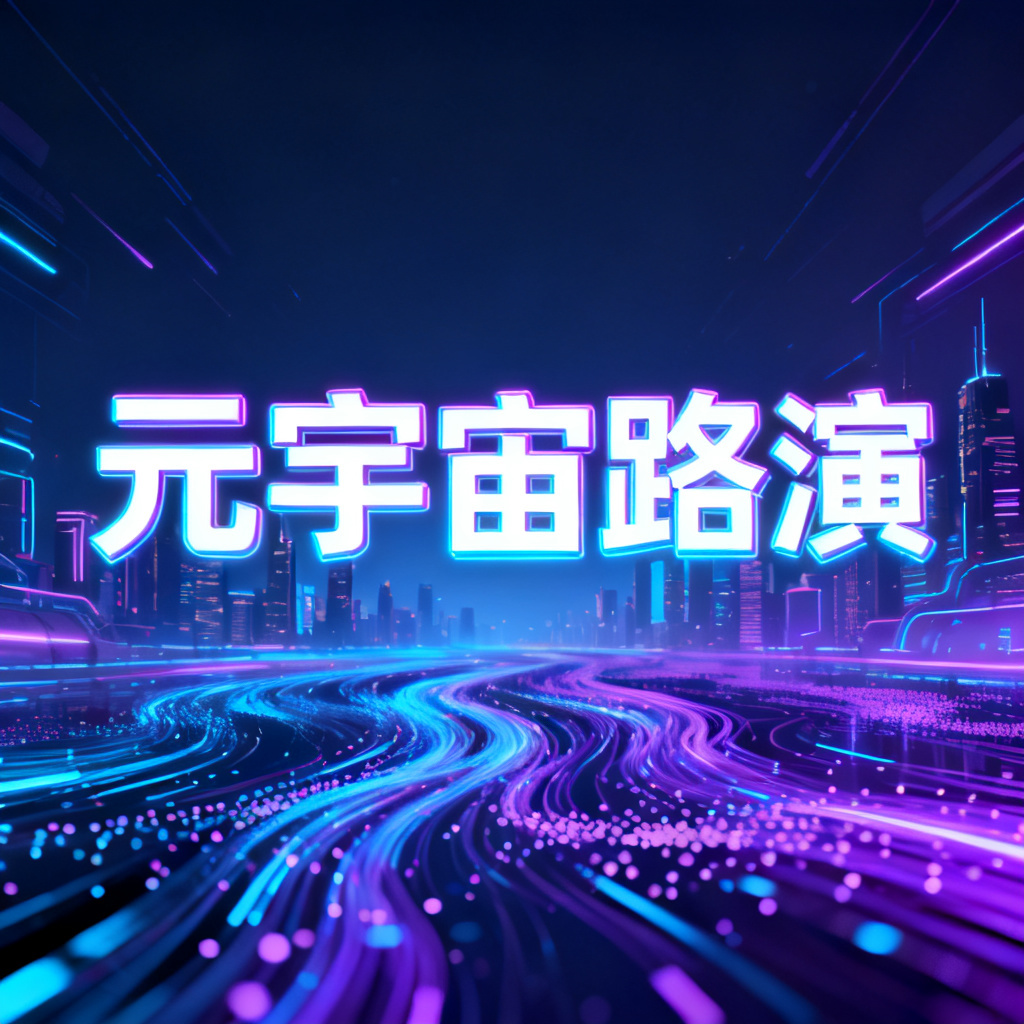 一张赛博朋克风格的元宇宙路演PPT封面,主色调为霓虹蓝与紫色,背景是未来城市天际线与数字粒子流动,标题使用几何无衬线字体,边缘带有发光效果,整体呈现科技感与动感。