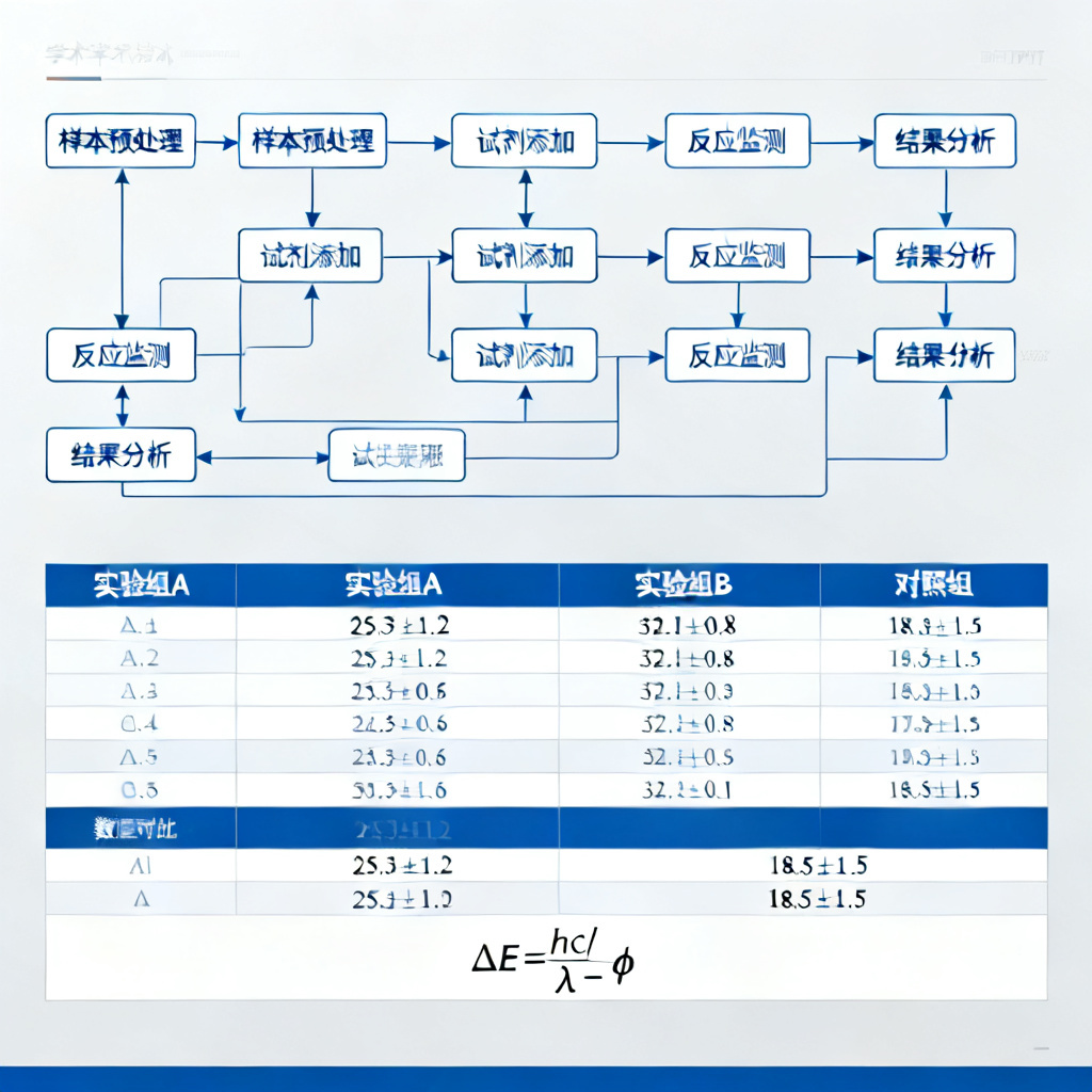 ChatPPT生成的学术PPT页面，包含复杂的实验流程图、数据对比表和公式，风格简洁严谨