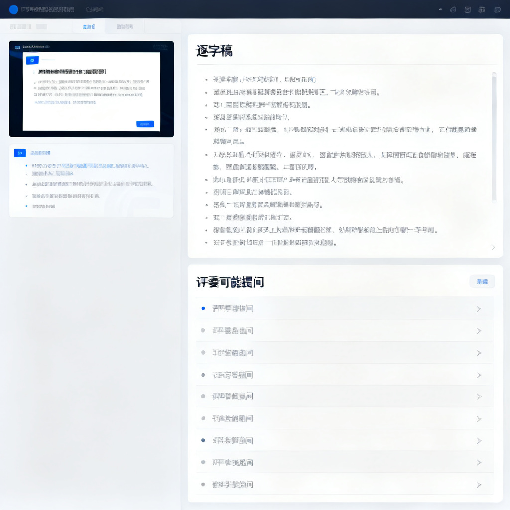 ChatPPT的答辩辅助功能界面，左侧显示PPT页面，右侧显示逐字稿与“评委可能提问”列表，界面设计清晰专业