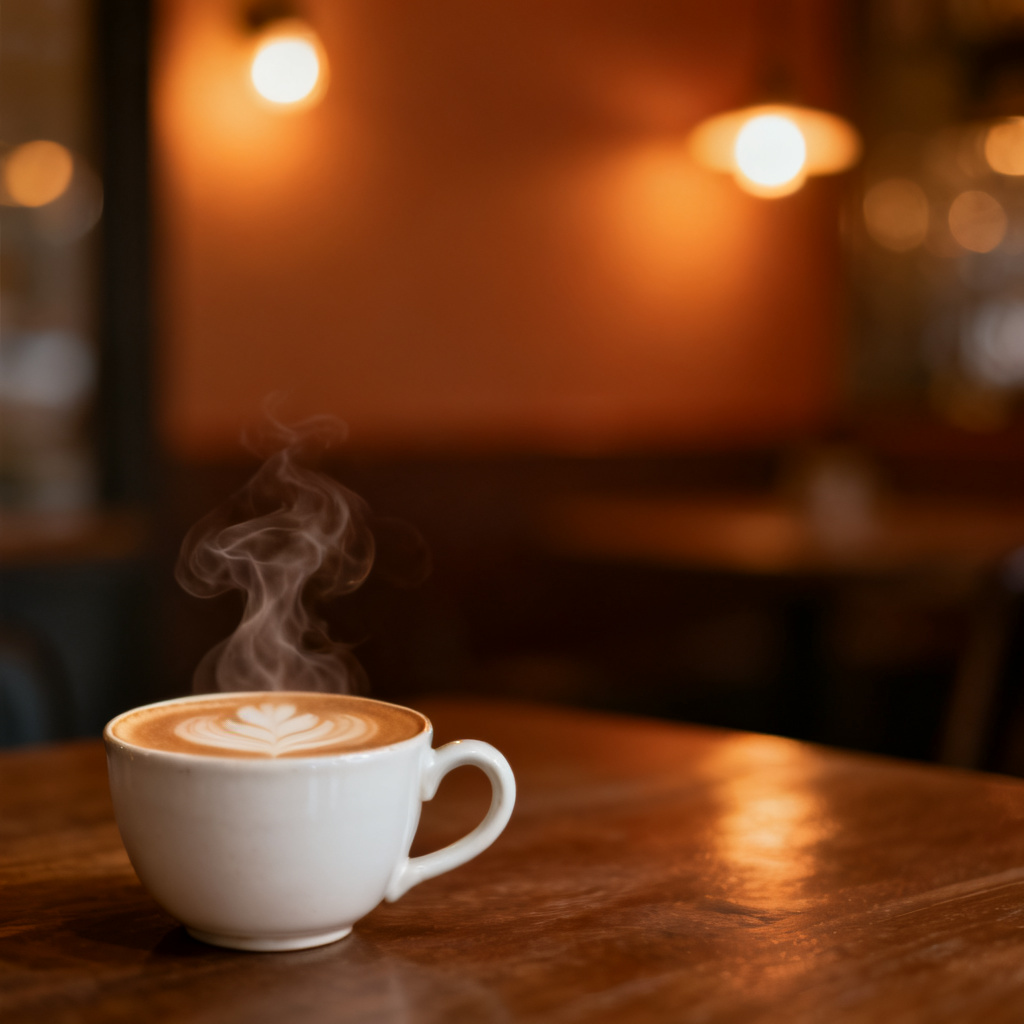 将页面左下角的一杯珍珠奶茶,局部重绘为一杯冒热气的拿铁咖啡,杯体保持白色陶瓷质感,背景的暖色灯光不变