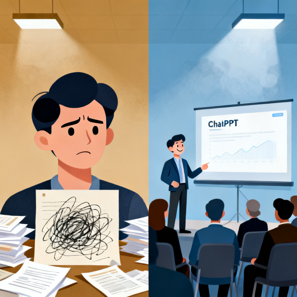 A before-and-after comparison: left side shows a user stressed and sleep-deprived, surrounded by scattered papers and a messy slide draft; right side shows the same user relaxed and confident, presenting a clean, professional ChatPPT-generated slide to a committee