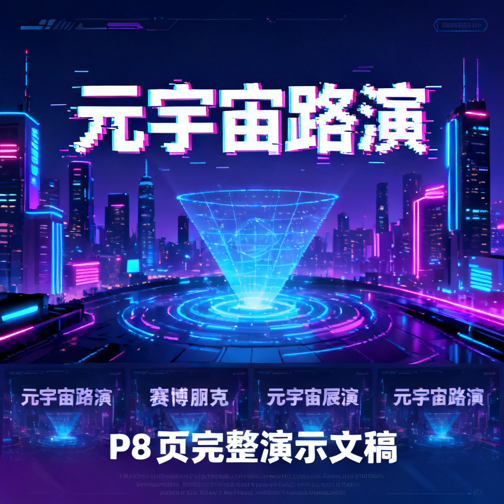 赛博朋克风格元宇宙路演PPT，霓虹蓝紫色调，故障艺术字体，城市天际线背景，全息投影界面元素，8页完整演示文稿