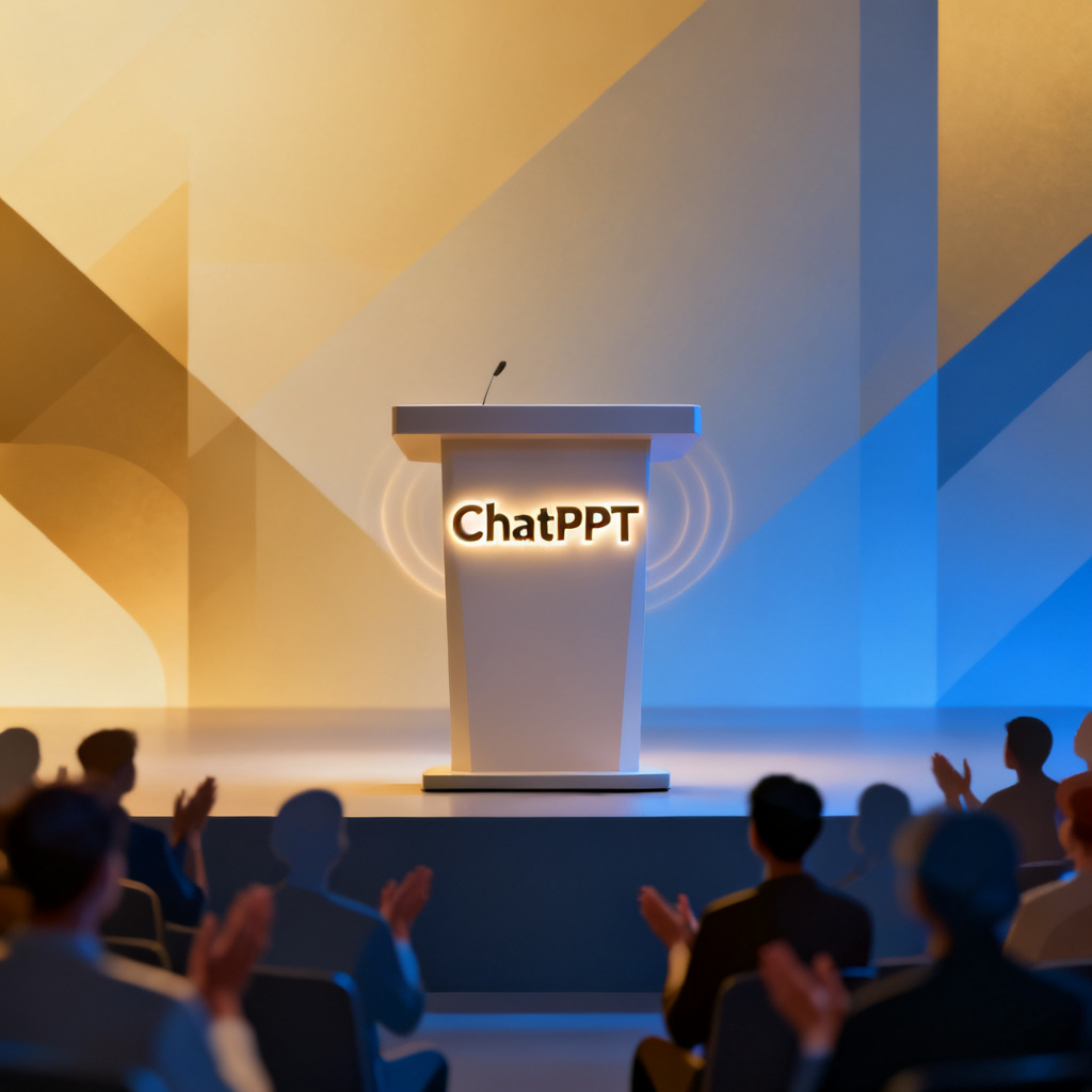 A podium with a glowing ‘ChatPPT’ logo, audience clapping, abstract geometric background, professional and inspirational, 16:9 aspect ratio