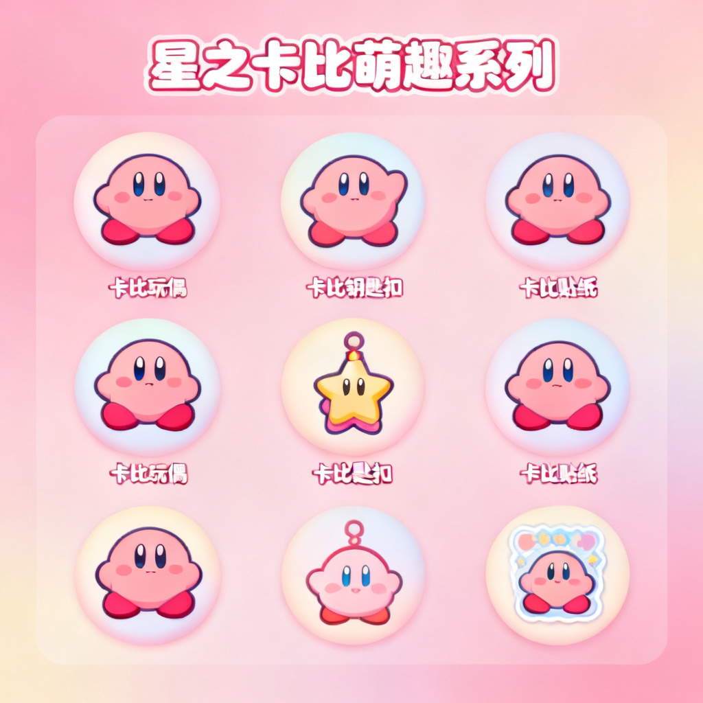 星之卡比风格的产品展示页，粉色渐变背景，卡通字体，圆润图标，可爱风格