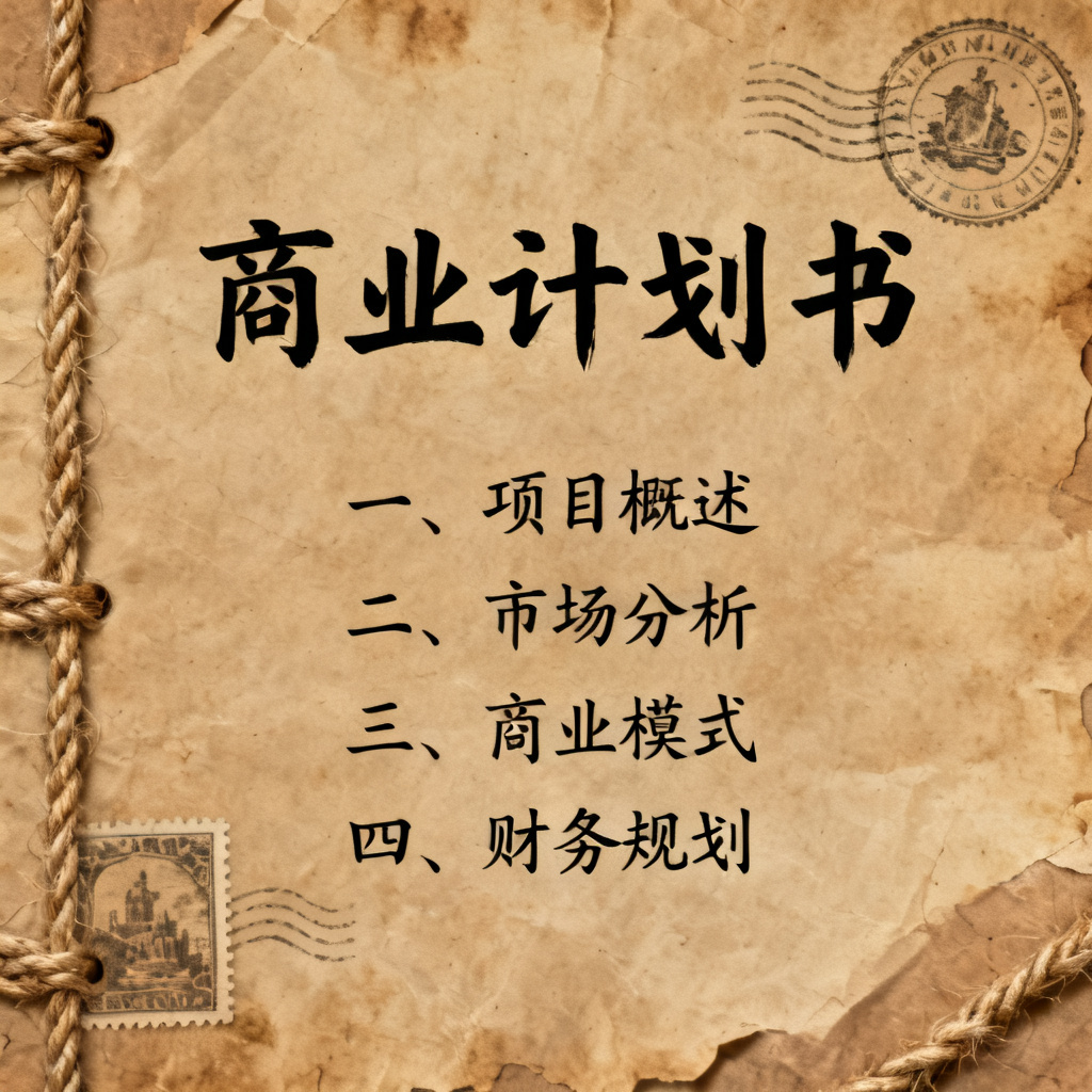 牛皮纸贴画风格的商业计划书目录页，元素为手写字体、复古邮票、麻绳纹理，背景有做旧纸张效果