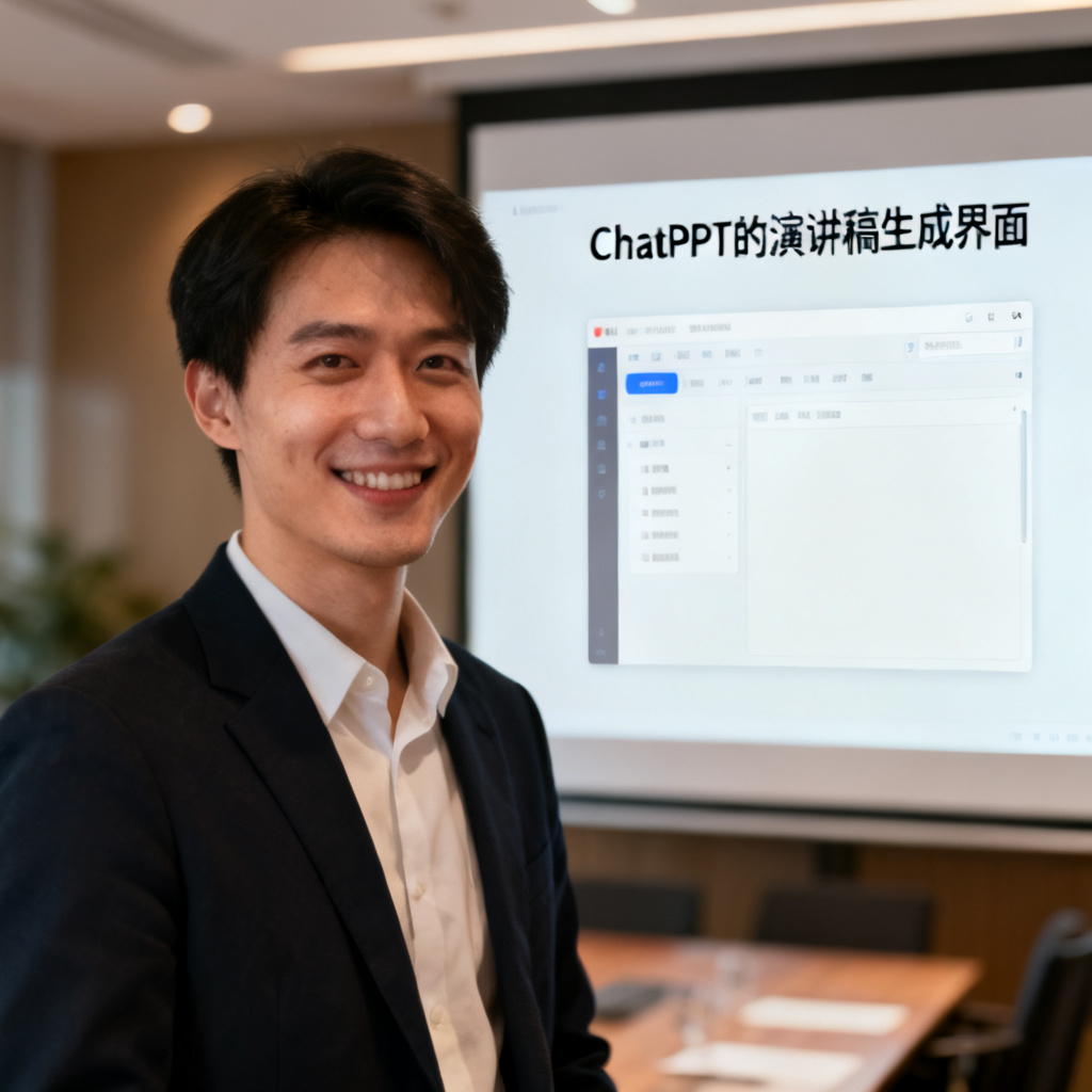 一位职场人士站在会议室投影幕布前,幕布上显示ChatPPT的演讲稿生成界面,表情自信,背景模糊突出人物