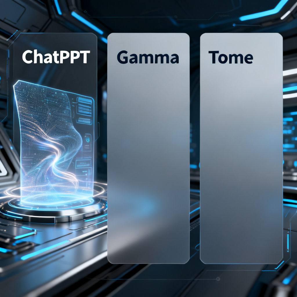 三种工具生成的未来科技风格产品介绍页对比，ChatPPT页面具有全息投影纹理与动态光效，Gamma与Tome页面较为平淡