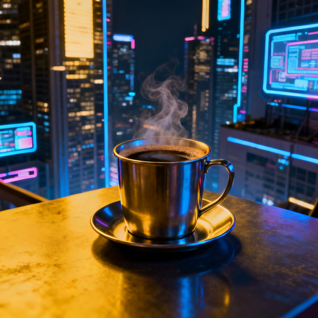 将PPT页面中的奶茶替换为热美式咖啡，保持原有赛博朋克风格的光影与色调