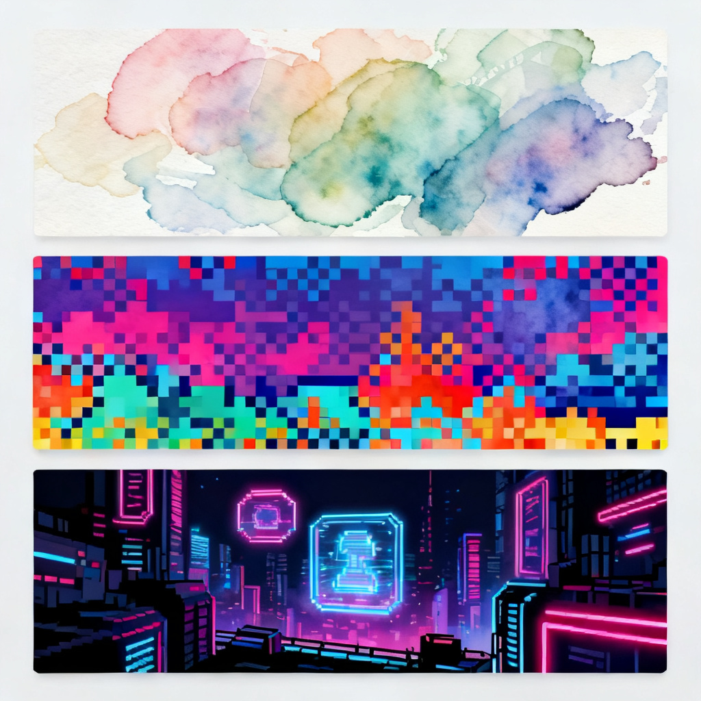 A series of slides in different artistic styles (watercolor, pixel art, cyberpunk) generated by ChatPPT, demonstrating style diversity