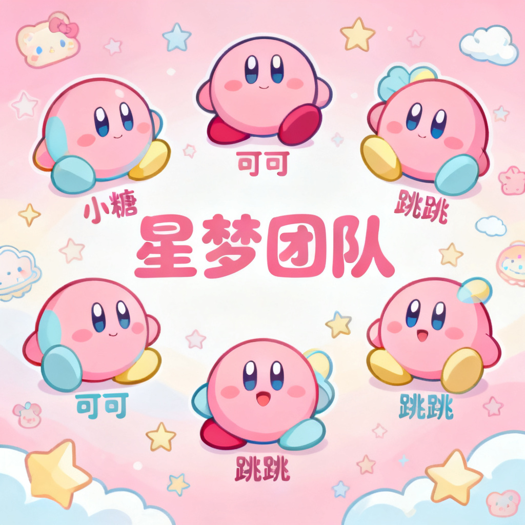 星之卡比风格的团队介绍页，粉色主调，可爱卡通形象，圆润字体