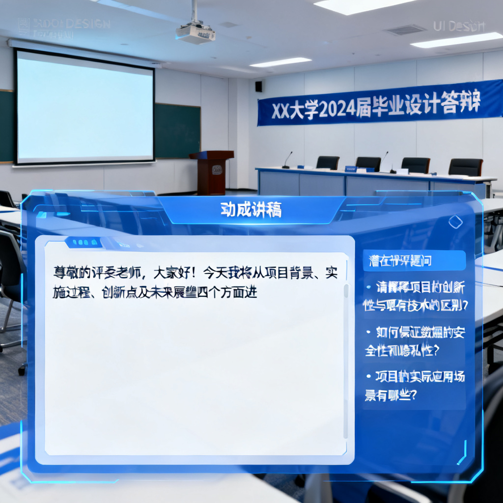一张ChatPPT答辩逐字稿生成功能的界面截图，显示自动生成的讲稿和潜在评委提问列表，背景为答辩场景