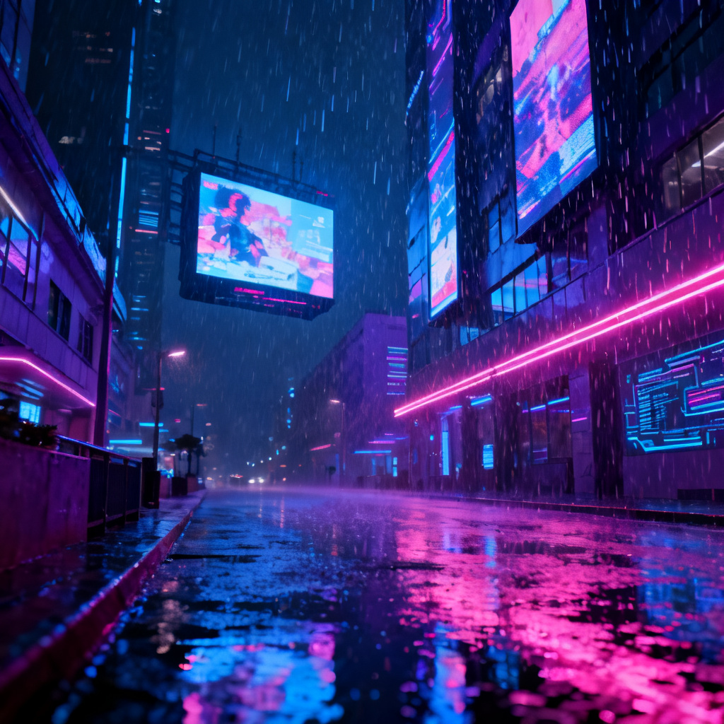 一个赛博朋克风格的城市夜景,霓虹灯与雨水交织,远处是悬浮的广告牌,整体色调以蓝紫和粉色为主,细节丰富,光影对比强烈