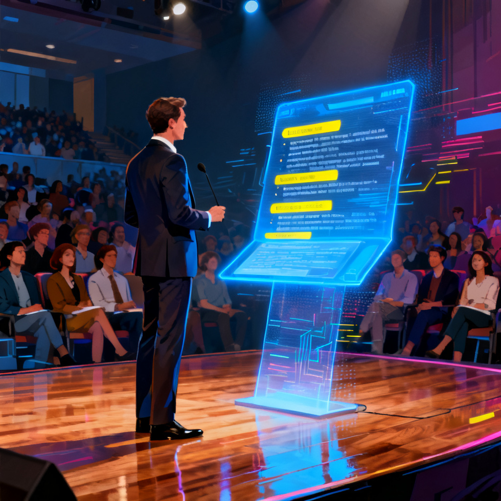 A professional presenter standing on a stage, with a holographic teleprompter floating beside them, displaying structured speech notes with highlighted key points, while the audience looks engaged, digital art style