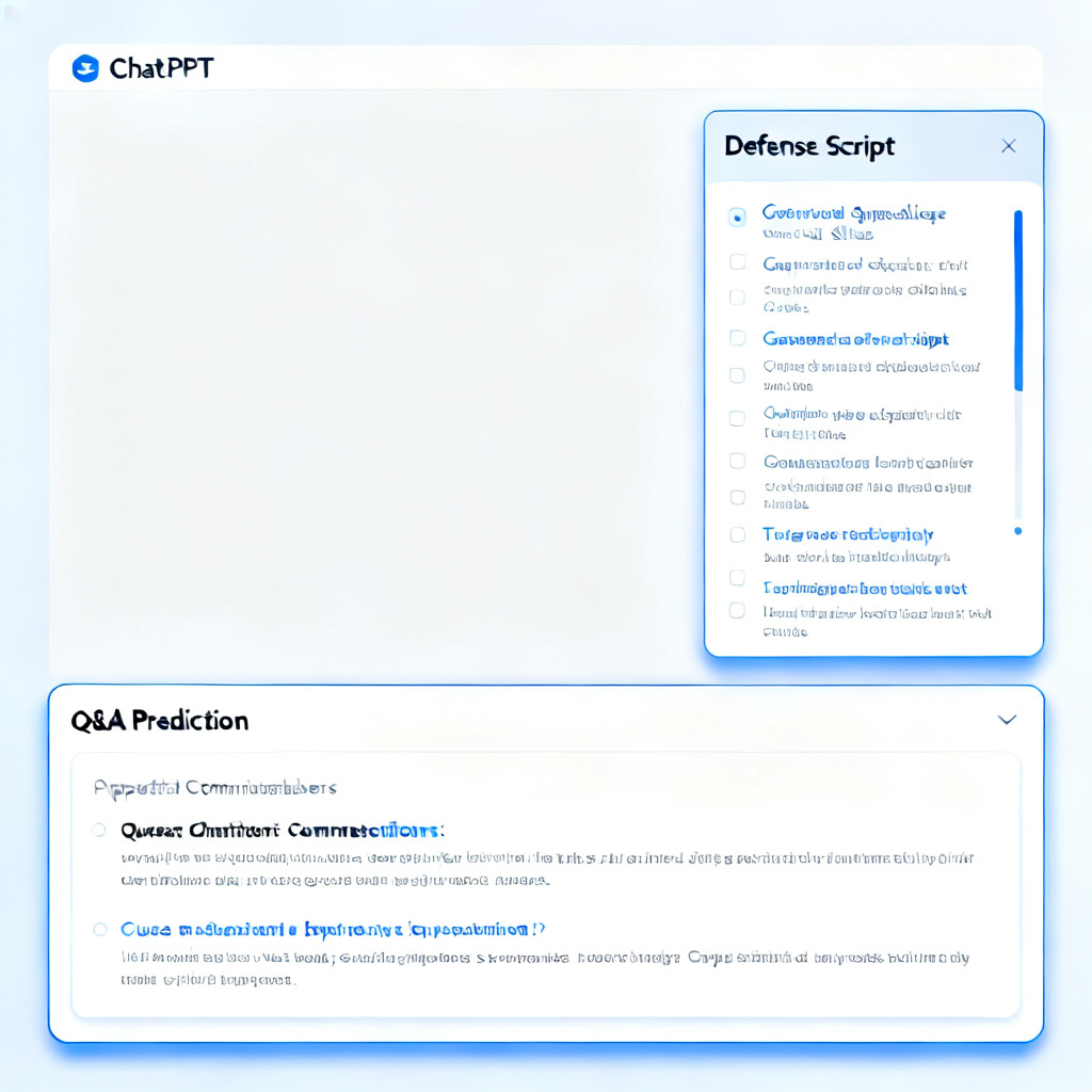 A screenshot-style illustration showing a ChatPPT interface with a "Defense Script" panel on the right, listing a generated speech for each slide, and a "Q&A Prediction" panel below, showing potential questions from committee members with suggested answers