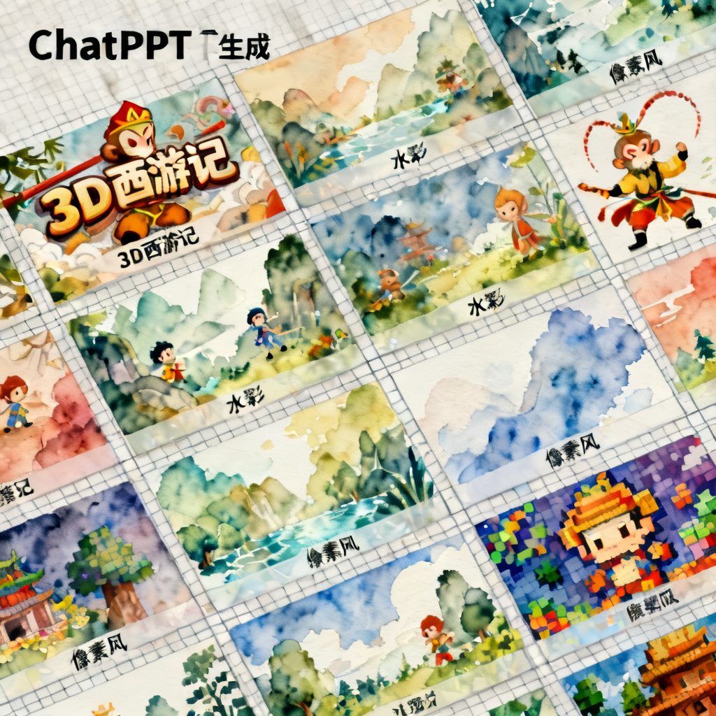 一张创意画布，展示ChatPPT生成的多个风格页面，如3D西游记、水彩、像素风
