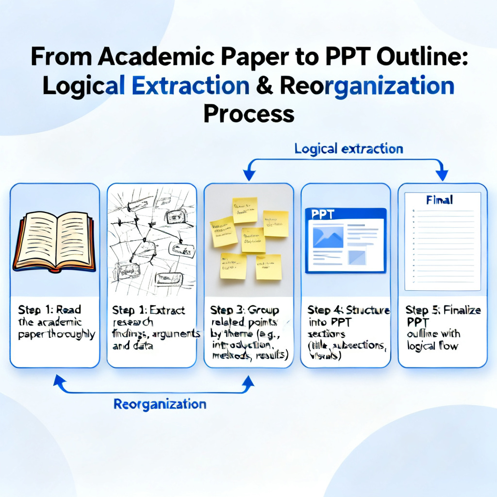 A flowchart diagram showing the process from a long academic paper to a structured PPT outline, with arrows indicating logical extraction and reorganization