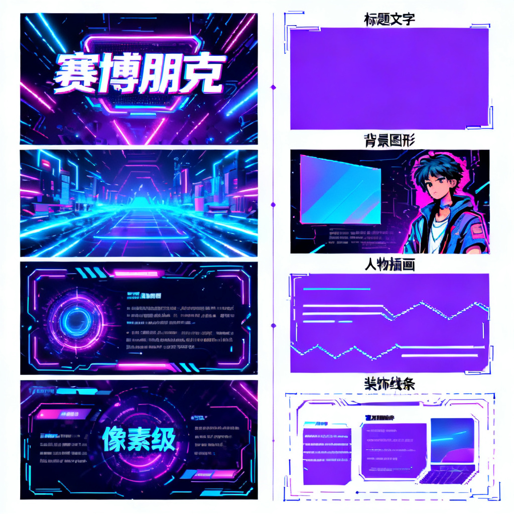 展示ChatPPT图层分离效果:左侧是一个完整的赛博朋克风格PPT页面,右侧是拆解后的独立图层,包括标题文字、背景图形、人物插画、装饰线条,每个图层都有清晰的边界和可编辑状态,展示其“像素级”拆解能力。