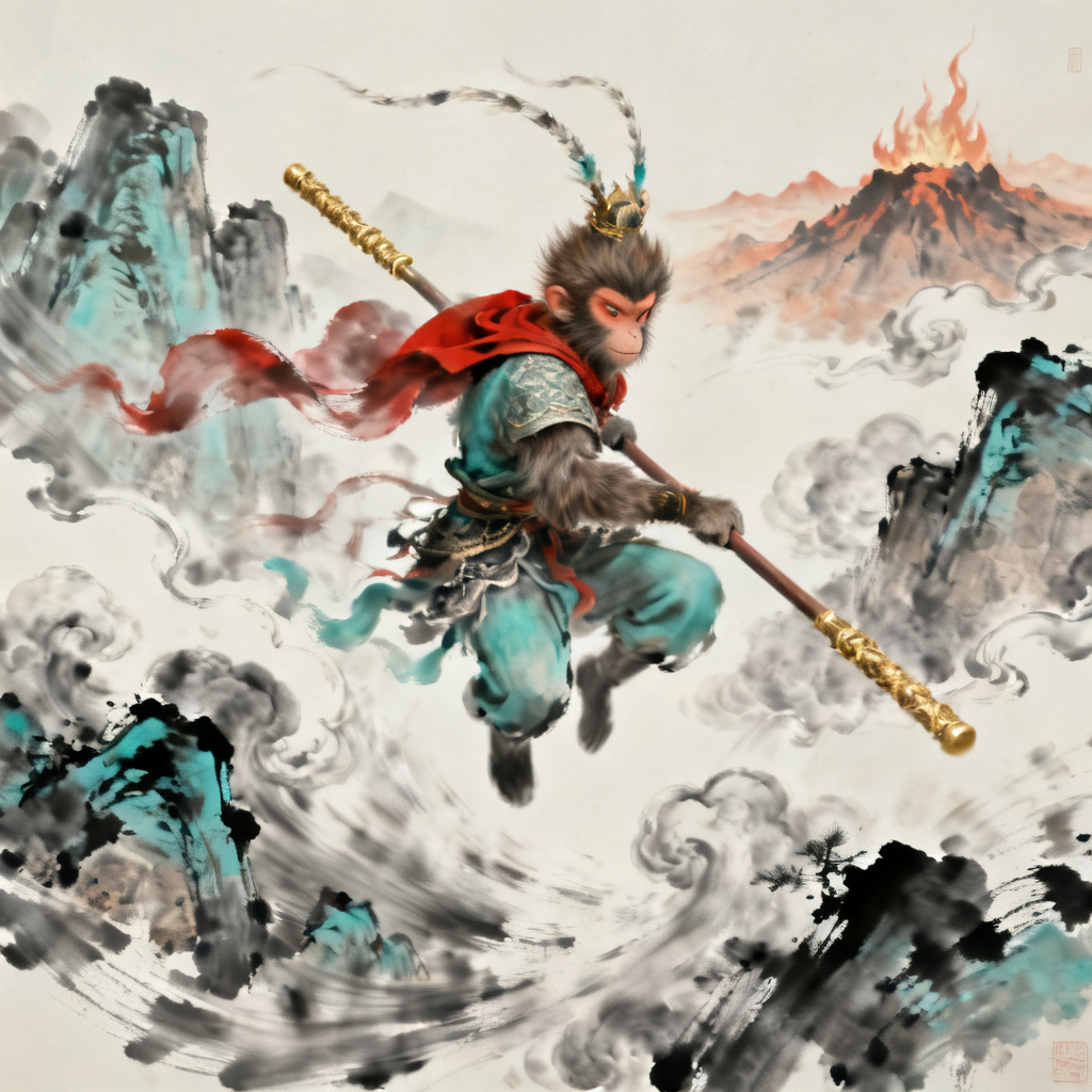 3D西游记风格，孙悟空，水墨渲染，动态场景