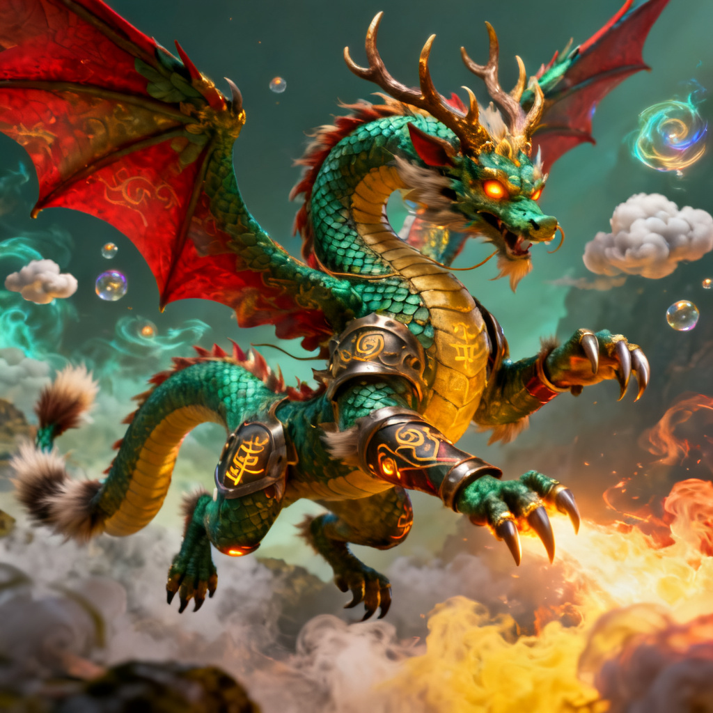 A 3D animation-style render of a chinese mythical creature, inspired by Journey to the West, with vibrant colors and dramatic lighting, suitable for a fantasy game trailer.