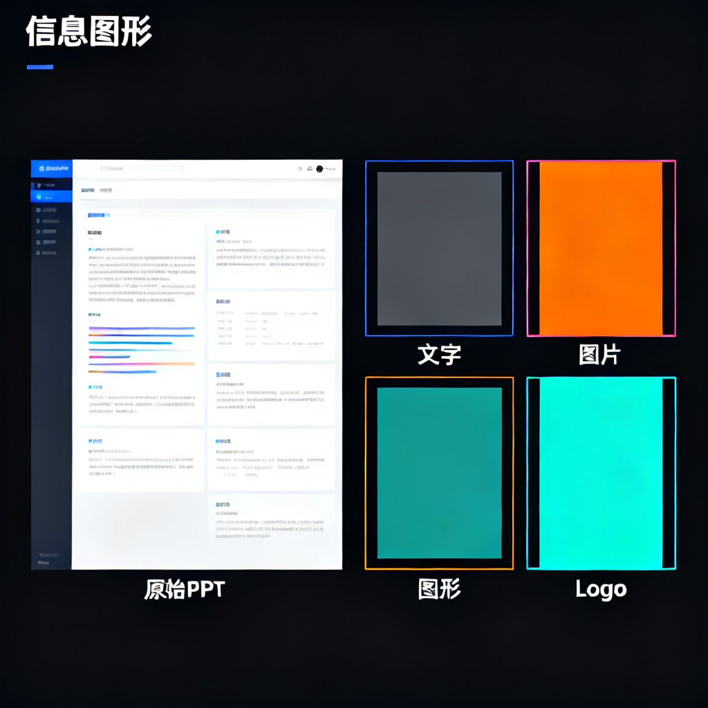 展示图层分离示意图,左侧为原始PPT页面,右侧为分离后的文字、图片、图形、Logo四个独立图层,每个图层以不同颜色高亮显示