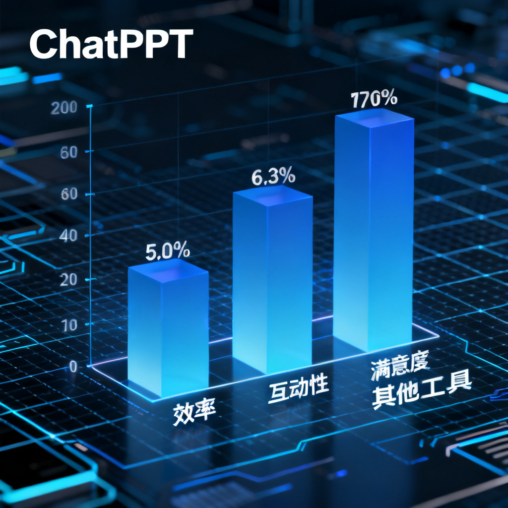 一张数据图表显示ChatPPT在效率、互动性、满意度三个维度上远高于其他工具，柱状图，数据标签清晰，背景为科技感网格