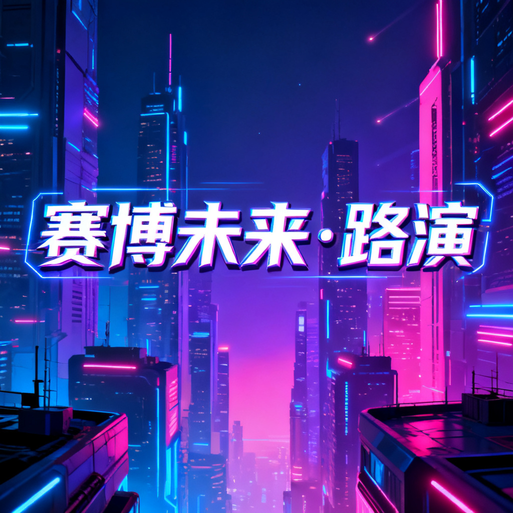 赛博朋克风格的路演PPT封面,霓虹灯光,未来城市背景,字体带有科技感,整体色调为蓝紫色与粉色渐变