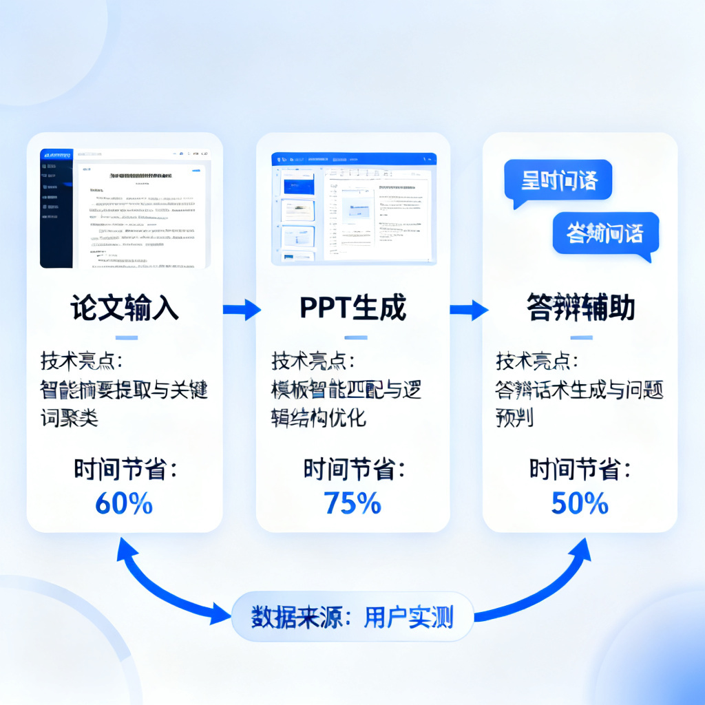 一个流程图,展示ChatPPT从论文输入到PPT生成再到答辩辅助的全链路闭环,标注每个环节的技术亮点与时间节省数据