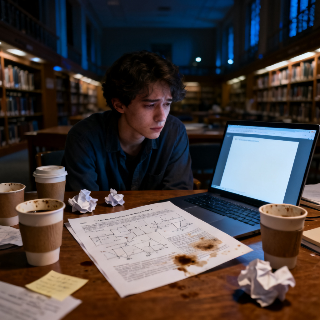A tired PhD student staring at a complex scientific paper and a blank PowerPoint slide, surrounded by coffee cups and scattered notes, in a dimly lit university library at night