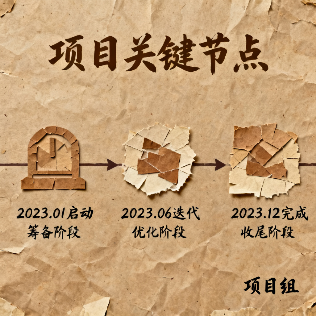 牛皮纸贴画风格的项目时间线页面，元素以剪纸和拼贴效果呈现，背景是牛皮纸纹理，文字使用手写字体，配色以棕色和米色为主，带有复古手工艺的质感。