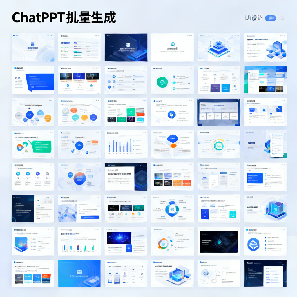 展示ChatPPT批量生成PPT页面的界面，多张不同风格的PPT缩略图整齐排列，每张都包含丰富的视觉元素和可编辑图层
