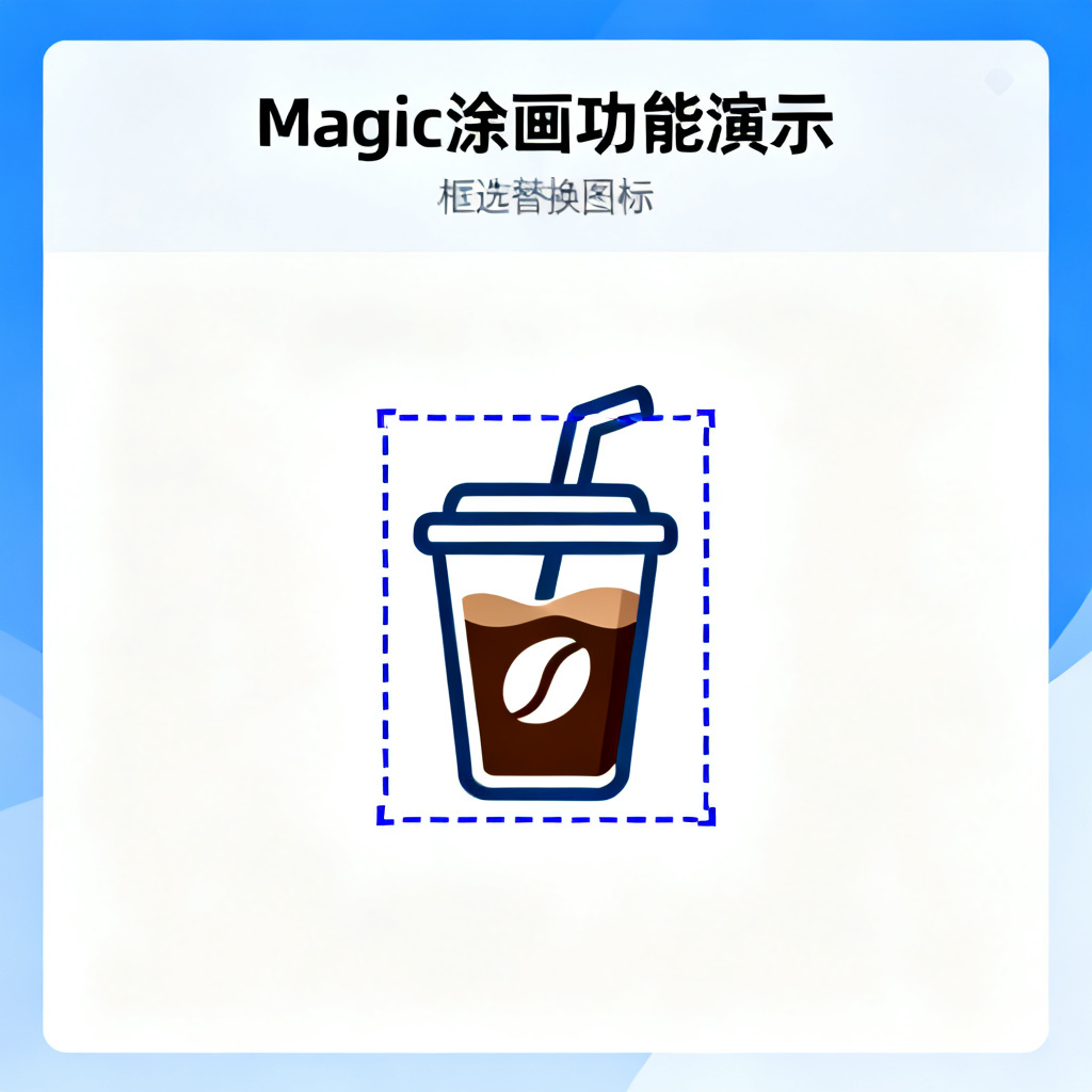 Magic涂画功能演示,框选PPT中的奶茶图标,替换为咖啡图标,光影融合自然