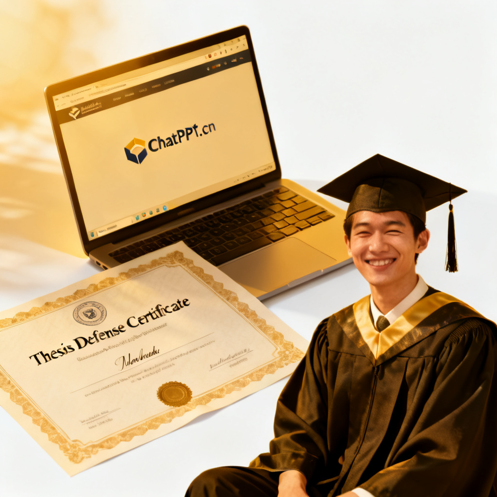 A montage of a laptop screen showing the ChatPPT.cn homepage, a completed thesis defense certificate, and a student smiling. The overall feeling is relief and success.