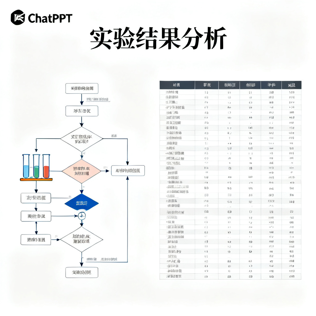 一个学术PPT的排版示例，左侧是实验流程图，右侧是数据对比表，背景为白色，字体为宋体，标题清晰，整体风格严谨，左上角有ChatPPT的logo
