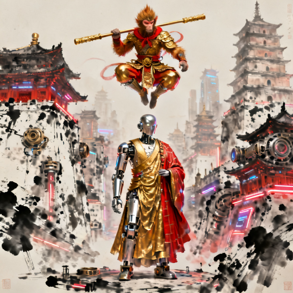 3D西游记风格,孙悟空与机械唐僧,水墨与赛博朋克融合,金色与红色主色调,细节丰富,纹理细腻,写实渲染