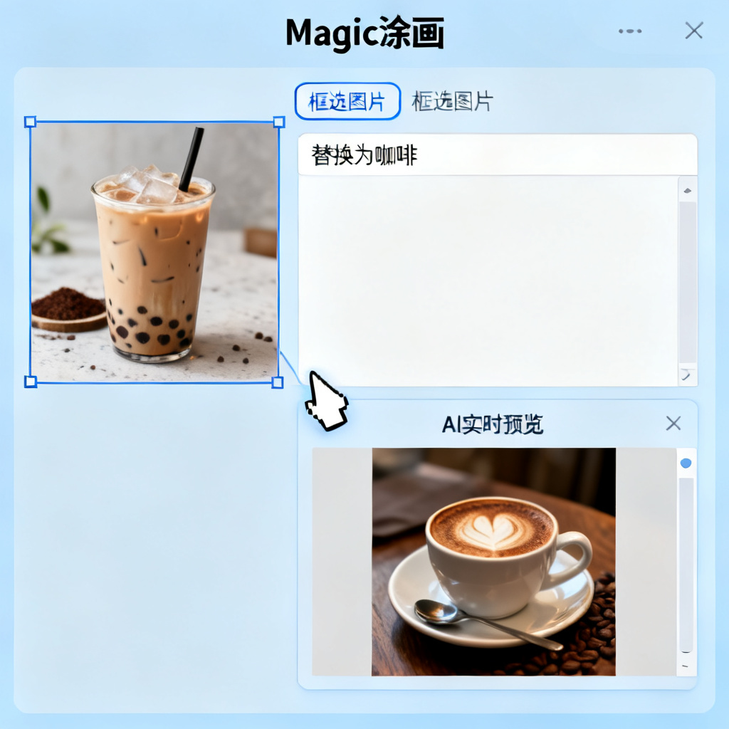 Magic涂画操作界面,用户框选页面中的奶茶图片,输入指令替换为咖啡,AI实时预览替换效果
