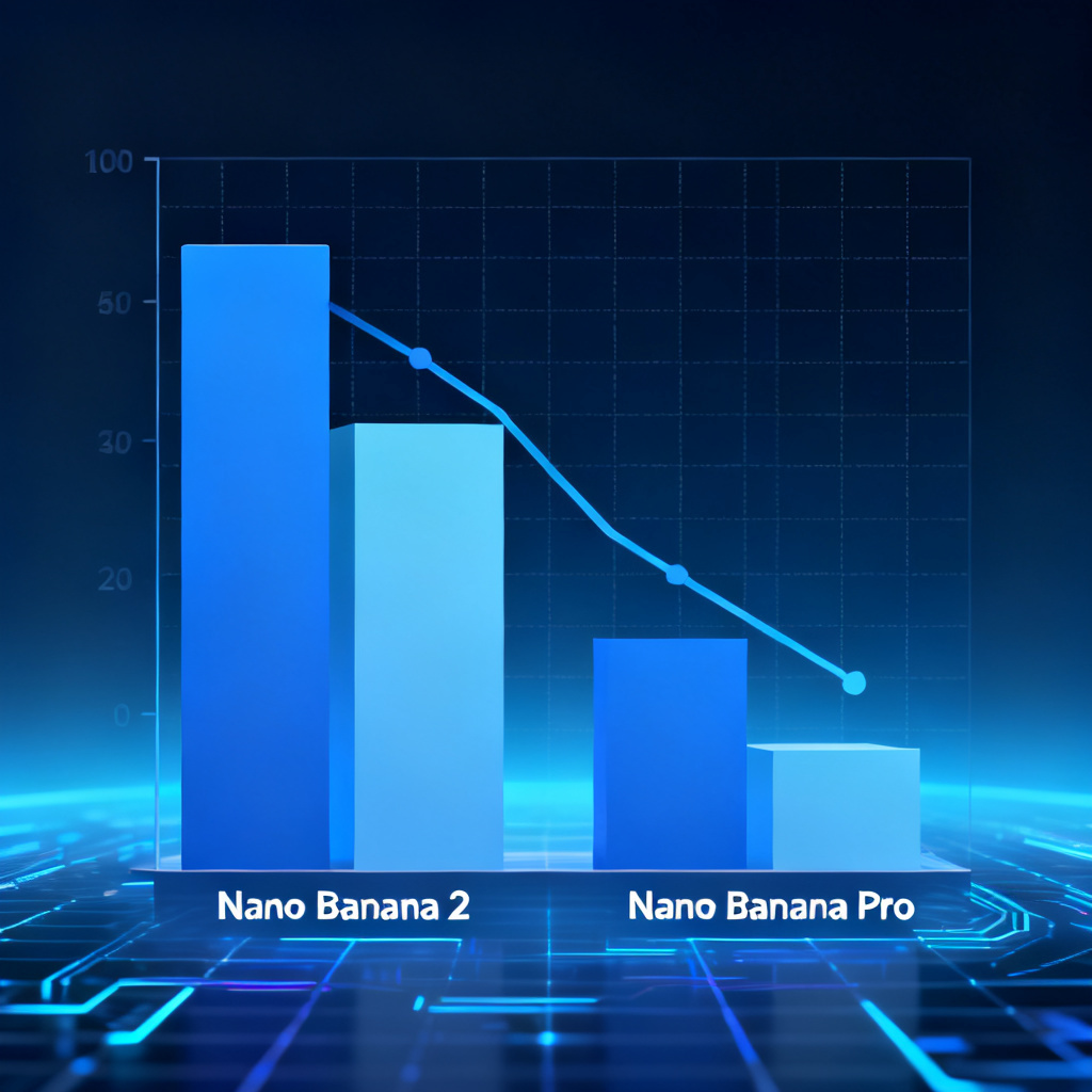 数据可视化图表，柱状图显示Nano Banana 2与Nano Banana Pro的成本对比，成本下降趋势明显，背景为科技感网格，蓝色渐变
