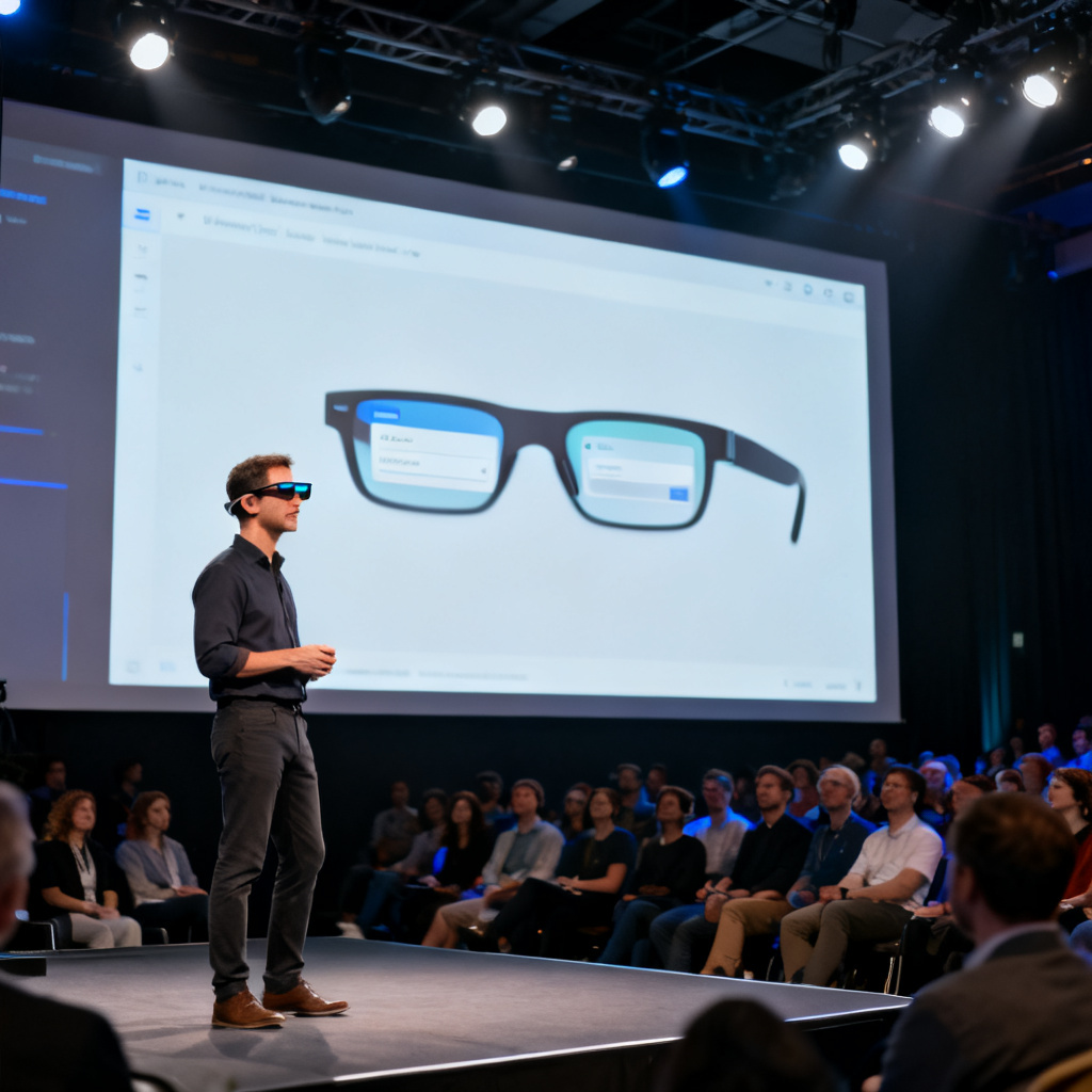 A presenter wearing smart glasses, standing on a stage with a large projection screen showing a presentation slide. The glasses display a subtle teleprompter interface. The audience is visible in the background, engaged and attentive.