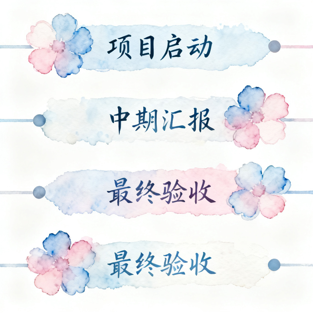 水彩风格的项目时间线，柔和的渐变，花朵装饰，淡蓝与淡粉色调