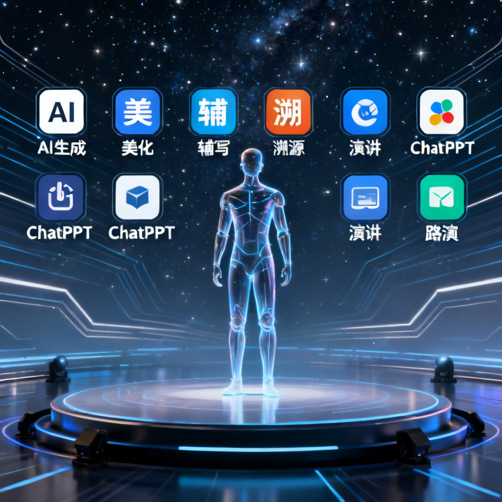 一个数字人形象站在舞台上，背后是ChatPPT的8大核心模块图标（AI生成、美化、辅写、溯源、演讲、路演等），背景是星空和未来感线条。