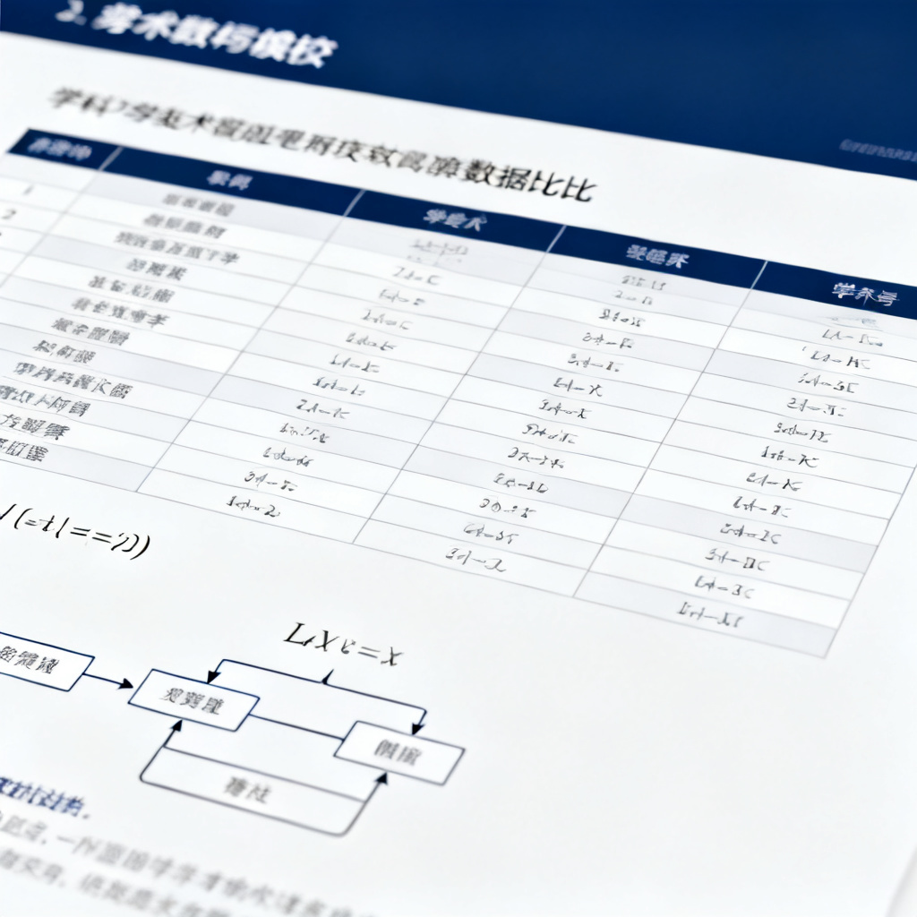 A close-up of a slide showing an academic data comparison table with multiple columns, a mathematical formula rendered in LaTeX style, and a simple flowchart. The design is clean, professional, with a dark blue header and white background. The text is in Chinese, focusing on clarity and readability. The image should convey 'academic-grade formatting'.