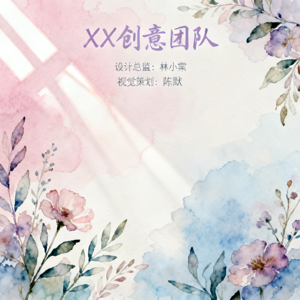 梦幻水彩风格团队介绍页，晕染效果，自然光感，植物花卉装饰，柔和过渡，艺术感