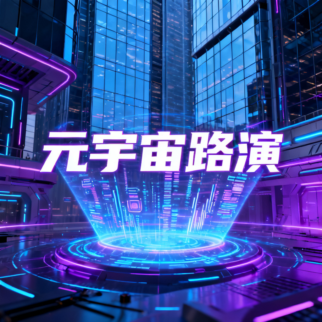 赛博朋克风格的元宇宙路演PPT，主色调为霓虹蓝紫，包含全息投影元素和未来建筑背景