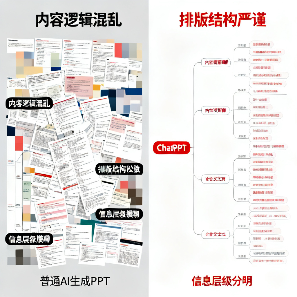一张学术PPT的对比图,左侧为逻辑混乱、排版杂乱的普通AI生成PPT,右侧为ChatPPT生成的逻辑清晰、排版严谨的论文PPT,标注关键差异点