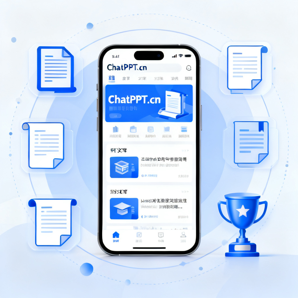 手机屏幕显示ChatPPT.cn官网，周围有论文、奖杯图标